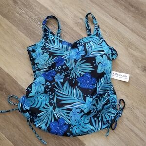 NWT Kate Kasin Blue Tropical Print Tankini Swim Top Size Large